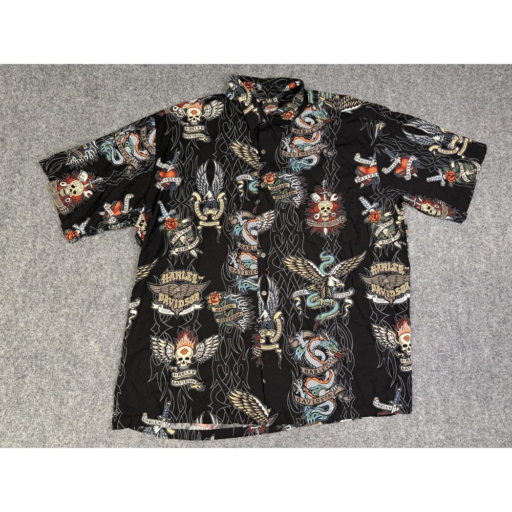 Men's Harley Davidson Tattoo All Over Print Button Up Shirt Size XXL Hawaiian